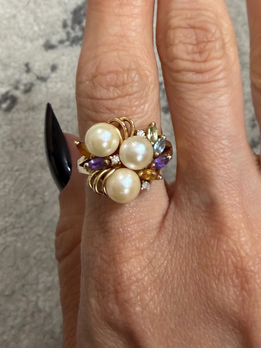 Vintage 14K Yellow Gold Multi Gemstone Pearl Cluster Cocktail Ring - Size 7